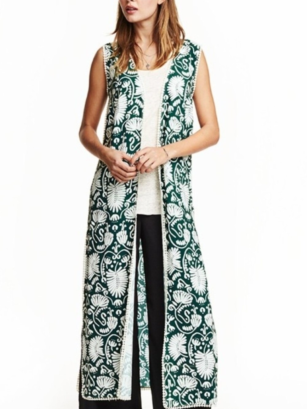 Bohimian Maxi Kimono Vest Crochet Trim Sz 12 H&M Beach Travel Coverup